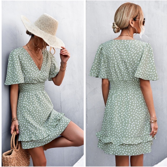 Green Printed Smocked Mini Dress - Picture 4 of 4